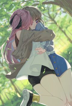 2girls absurdres black_ribbon black_shorts blue_jacket blue_skirt commentary_request day dutch_angle falling_leaves grey_hair grey_jacket highres hug jacket kamiina_botan kamiina_botan_yoeru_sugata_wa_yuri_no_hana leaf meow_natsuyuki multiple_girls outdoors pink_hair purple_eyes ribbon short_hair shorts skirt tonami_ibuki tree two_side_up yuri