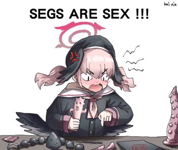1girl absurdres anal_beads anger_vein artist_name beret black_eyes blue_archive blush butt_plug commentary condom condom_wrapper dildo english_text floating_hair halo haniwa_(statue) hat head_wings highres holding kai_xin koharu_(blue_archive) long_hair long_sleeves low_wings meme nose_blush open_mouth pink_hair sailor_collar seggs_(meme) sex_toy solo typo upper_body v-shaped_eyebrows white_sailor_collar wings