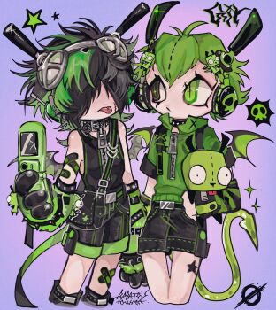 2others amatou_akuma androgynous animal_ears arm_warmers bag bare_shoulders belt belt_buckle black_bag black_belt black_collar black_eyes black_hair black_leg_warmers black_shorts black_tank_top buckle cameo cellphone cellphone_charm character_charm character_doll character_hair_ornament character_print charm_(object) collar cropped_legs cross-shaped_pupils crossed_bandaids demon_tail demon_wings doll fake_animal_ears fashion flip_phone flipped_hair gir_(dog_costume)_(invader_zim) gir_(invader_zim) goggles goggles_on_head green_arm_warmers green_eyes green_hair green_hoodie green_tail green_theme hair_ornament hair_over_eyes headphones heterochromia highres holding holding_hands holding_phone holding_stuffed_toy hood hood_down hoodie invader_zim leg_warmers looking_at_another multicolored_hair multiple_others original other_focus phone purple_background ringed_eyes scar scar_on_face scene_fashion short_hair shorts shoulder_bag simple_background skull sleeveless sparkle spiked_collar spikes standing star_(symbol) star_tattoo striped_arm_warmers stuffed_animal stuffed_dog stuffed_toy symbol-shaped_pupils tail tank_top tattoo tongue tongue_out two-tone_hair wings zipper