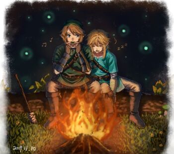 2boys belt blonde_hair blue_eyes blue_tunic boots border bracer brown_belt brown_boots brown_gloves brown_pants campfire closed_eyes dated drooling earrings eighth_note fingerless_gloves gloves grass green_hat green_mushroom green_tunic hat instrument jewelry link male_focus medium_hair metal_gloves multiple_boys mushroom music musical_note night night_sky nintendo pants playing_instrument pointy_ears quarter_note shirt sky star_(sky) the_legend_of_zelda the_legend_of_zelda:_breath_of_the_wild the_legend_of_zelda:_twilight_princess torch tunic white_border white_shirt zuomu9 zzz