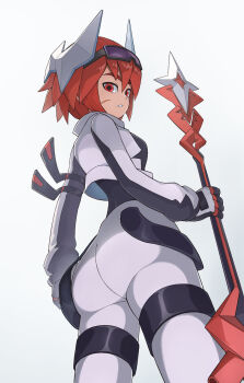 1girl aotu_world arm_ribbon ass black_gloves black_pants black_shirt breasts cropped_jacket facial_scar from_behind from_below genderswap genderswap_(mtf) gloves goggles goggles_on_head hair_between_eyes headgear highres holding holding_polearm holding_weapon jacket long_sleeves looking_at_viewer looking_back pants parted_lips pius_(aotu_world) polearm red_eyes red_hair ribbon scar scar_on_cheek scar_on_face shirt short_hair simple_background solo thigh_strap user_kkya5245 weapon white_background white_jacket