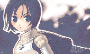 1girl archived_source armor blue_eyes blue_hair blue_theme breastplate cape closed_mouth commentary cross english_commentary knight looking_at_viewer lowres milktea_(aoiexk) original pauldrons plate_armor short_hair shoulder_armor solo straight_hair vambraces