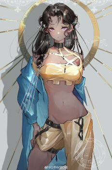 1girl absurdres artist_logo artist_name asymmetrical_clothes bare_shoulders bindi black-framed_eyewear black_choker black_hair blue_coat breasts choker cleavage closed_mouth coat cowboy_shot cropped_shirt dark-skinned_female dark_skin eyewear_hang facial_mark forehead_mark glasses grey_background groin hair_ornament highres hongyi_chen kaalaa_baunaa logo long_hair looking_at_viewer medium_breasts navel off_shoulder open_clothes open_coat pants purple_eyes reverse:1999 ring_hair_ornament shadow shirt single_pantsleg smile solo stomach sunburst sunburst_background unworn_eyewear watermark weibo_watermark yellow_pants yellow_shirt