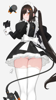 Rule 34 | 1girl, ass, black dress, blush, breasts, brown hair, dress, hayabusa (vert 320), highres, large breasts, long hair, long sleeves, looking at viewer, looking back, mechanical tail, orange eyes, original, smile, solo, tail, thighhighs, thighs, twintails, white thighhighs
