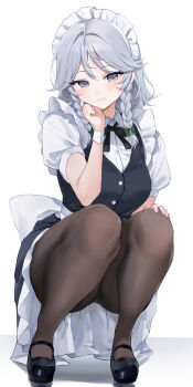 Rule 34 | 1girl, absurdres, back bow, black dress, black ribbon, black shoes, blush, bow, braid, braided sidelock, brown pantyhose, commentary request, dress, full body, green bow, grey hair, hair bow, highres, izayoi sakuya, looking at viewer, maid headdress, mary janes, neck ribbon, pantyhose, puffy short sleeves, puffy sleeves, ribbon, sarukana, shirt, shoes, short sleeves, simple background, solo, squatting, touhou, white background, white bow, white shirt, wrist cuffs