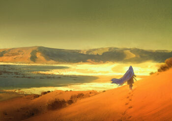 Rule 34 | 1other, absurdres, artist name, blue cloak, cloak, commentary, desert, english commentary, from behind, grey sky, highres, hood, hooded cloak, hot, landscape, original, outdoors, painterly, raja nandepu, sand, sand dune, scenery, sky, sunlight