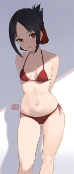 1girl absurdres arms_behind_back artist_name bikini black_hair breasts carlo_montie closed_mouth collarbone cowboy_shot folded_ponytail highres kaguya-sama_wa_kokurasetai_~tensai-tachi_no_renai_zunousen~ looking_at_viewer navel red_bikini red_eyes shinomiya_kaguya side-tie_bikini_bottom signature simple_background small_breasts smile solo stomach swimsuit thighs