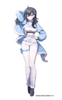 1girl absurdres ahoge arm_behind_head ayase_yuu belt black_hair black_shoes blue_eyes blue_hair breasts cleavage closed_mouth colored_inner_hair copyright_notice earrings full_body glasses hand_on_own_hip highres jewelry long_hair long_sleeves midriff multicolored_hair one_eye_closed pants phase_connect shoes smile snowflake_print solo stomach_tattoo streaked_hair taiyaki12 tattoo virtual_youtuber white_background white_belt white_pants