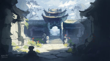 architecture blue_sky building cloud cloudy_sky day east_asian_architecture entrance gate highres home_nobi no_humans original path plant road scenery shadow sky sunlight vines