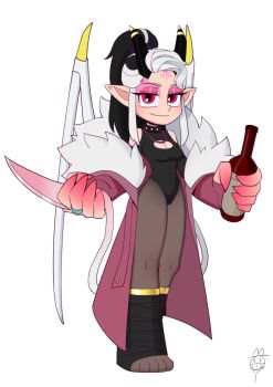 1girl 2025 artist_logo black_choker black_hair black_horns black_leotard bodystocking bottle breasts bridal_gauntlets chainnino choker cleavage coat commentary covered_navel demon_girl demon_horns demon_tail detached_sleeves english_commentary eyeshadow facial_mark feet female_focus forehead_mark fur-trimmed_coat fur_trim gold_trim hairdressing half-closed_eyes highres holding holding_bottle horns jewelry joelreeves_(realqiaobuyi) leg_wrap leotard logo long_hair long_sidelocks makeup mechanical_wings medium_breasts multicolored_hair necklace parted_bangs pink_eyes pink_eyeshadow pointy_ears ponytail red_coat ring sharp_tail sidelocks smile solo standing succubus&#039;s_refuge tail thick_thighs thighs toes two-tone_hair white_hair wine_bottle wings