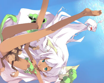 1girl animal_ears anus barefoot bikini cat_ears cham_cham dark-skinned_female dark_skin feet female_focus fox_ears green_bikini loli long_hair long_legs monkey pussy samurai_spirits silver_hair skinny soles solo swimsuit very_long_hair yoshiwo
