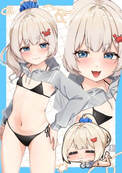 1girl :3 =_= absurdres armpits barefoot bikini black_bikini blue_border blue_eyes blue_scrunchie blush border breasts crab_hair_ornament flat_chest grey_hair hair_ornament hair_scrunchie hand_on_own_hip highres lips loli looking_at_viewer marimari_(vtuber) multiple_views navel outline outside_border phase_connect ponytail scrunchie short_hair shrug_(clothing) side-tie_bikini_bottom signature small_breasts swimsuit takoroki thick_eyebrows virtual_youtuber white_outline