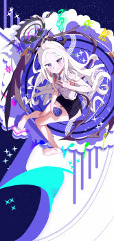 1girl absurdres ahoge barefoot black_halo black_skirt blue_archive blush breasts commentary demon_girl demon_horns demon_wings halo highres hina_(blue_archive) horns liu_li_(258062940) long_hair looking_at_viewer low_wings purple_eyes sitting skirt small_breasts solo star_(sky) v very_long_hair white_hair wings