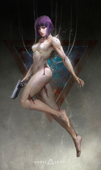 1girl absurdres barefoot breasts cable commentary commission cyberpunk cyborg english_commentary english_text feet ghost_in_the_shell ghost_in_the_shell_(2017) gun handgun highres holding holding_gun holding_weapon kusanagi_motoko legs lips looking_at_viewer machinery mechabare medium_breasts purple_hair realistic red_eyes science_fiction thedurianart title toenails toes weapon wire