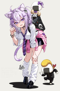 1girl :3 ahoge alternate_costume animal_collar animal_ear_fluff animal_ears bag black_collar black_shoes black_skirt bracelet breasts cardigan cat_ears cat_girl cat_tail character_charm charm_(object) cleavage clothes_around_waist collar commentary_request dated food genba_neko_(meme) grey_background gyaru hair_as_food hair_intakes hair_ornament hairclip hand_on_own_knee highres hololive hunched_over jewelry kogal kubota_masaki loafers looking_at_viewer loose_socks meme necktie nekomata_okayu o-ring_collar onigiri onigirya_(nekomata_okayu) open_mouth paw_pose pink_sweater pleated_skirt pompadour purple_eyes purple_hair purple_necktie school_bag school_uniform shadow shirt shoes shrimp shrimp_tempura signature simple_background skirt smile socks sweater tail tempura two_side_up virtual_youtuber white_shirt white_socks