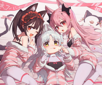 3girls absurdres animal_ear_fluff animal_ears bare_shoulders blush bodysuit bodysuit_under_clothes breasts brown_eyes brown_hair character_request choker date_a_live highres krul_tepes loli long_hair looking_at_viewer multiple_girls open_mouth original owari_no_seraph pantyhose pink_hair pointy_ears red_eyes slit_pupils small_breasts sweater tokisaki_kurumi tongue tongue_out twintails very_long_hair white_bodysuit white_hair white_pantyhose xiongmao yellow_eyes