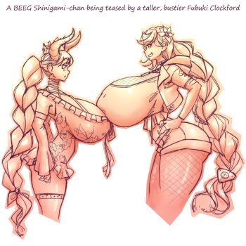 2girls breasts covered_erect_nipples crown female_focus fishnet_pantyhose fishnets flower flower_on_head fubuki_clockford gigantic_breasts hands_on_own_hips height_difference horns long_hair master_detective_archives:_rain_code multiple_girls n647 pantyhose shinigami_(rain_code) tall_female thick_thighs thighhighs thighs very_long_hair