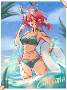 1girl alternate_costume bare_shoulders bikini blue_sky breasts character_name ciaccona_(wuthering_waves) cleavage commentary_request day green_bikini green_eyes hair_between_eyes hand_up highres holding holding_swim_ring horns innertube jewelry jhenny345 looking_at_viewer medium_breasts medium_hair navel one_eye_closed open_mouth outdoors red_hair sky smile solo spanish_commentary stomach swim_ring swimsuit thighlet tree_horns wading wuthering_waves