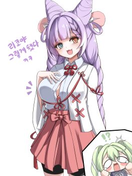 !? 0_0 2girls absurdres alternate_breast_size_(larger) aqua_eyes arm_at_side bike_shorts bike_shorts_under_skirt bikini blue_streaks bow bowtie braid breast_awe breasts bright_pupils button_gap chibi chibi_inset collared_shirt commentary_request cone_hair_bun cowboy_shot double_bun fang furisode_sleeves green_hair gumikun12 hair_bun hair_ornament hakama hakama_skirt hand_on_own_chest hand_up heterochromia highres inset japanese_clothes korean_commentary korean_text kosode large_breasts long_hair long_sleeves looking_at_viewer miniskirt multicolored_hair multiple_girls notice_lines open_mouth orange_eyes pink_pupils pleated_skirt pom_pom_(clothes) pom_pom_hair_ornament print_bikini purple_hair raised_inner_eyebrows red_bow red_bowtie red_skirt shirt shirt_tucked_in simple_background single_off_shoulder skirt smile solo_focus star_(symbol) star_print star_print_bikini stellive streaked_hair surprised swimsuit tenko_shibuki translation_request twintails very_long_hair virtual_youtuber white_background white_shirt wide_sleeves wing_collar wispy_bangs yellow_pupils yuzuha_riko