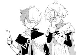 Rule 34 | 2boys, bacheally, bishounen, blush, closed eyes, closed mouth, coat, collared shirt, covering own mouth, crying, gloves, greyscale, hair between eyes, hand up, hands up, long sleeves, male focus, monochrome, multicolored hair, multiple boys, original, scar, shirt, short hair, simple background, sketch, smile, smirk, smug, sparkle, streaming tears, tears, thumbs up, turtleneck, two-tone hair, upper body, white background, wristband