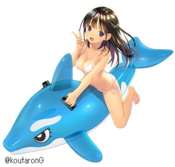 1girl :d bare_arms bare_legs bare_shoulders barefoot bikini black_hair bow braid breasts cleavage commentary_request full_body green_bow hair_bow hand_up inflatable_dolphin inflatable_toy koutaro long_hair medium_breasts multicolored_hair open_mouth original pink_hair purple_eyes side-tie_bikini_bottom simple_background smile solo swimsuit twitter_username two-tone_hair v very_long_hair white_background white_bikini