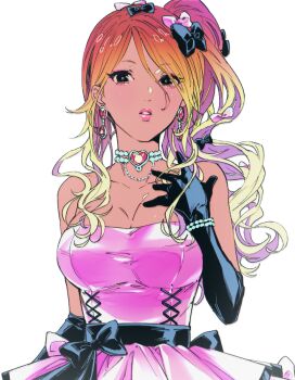 1girl black_eyes blonde_hair bow bracelet breasts brown_hair cel_shading choker cleavage cocktail_dress curly_hair dark-skinned_female dark_skin dress earrings egawa_satsuki elbow_gloves eyeliner female_focus gloves gradient_hair gyaru hime_gyaru idolmaster idolmaster_shiny_colors izumi_mei jewelry large_breasts lipstick long_eyelashes long_hair looking_at_viewer makeup multicolored_hair parted_lips pearl_bracelet ponytail sash simple_background solo strapless strapless_dress tan