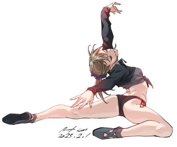 1girl attitude_(pose) ballerina ballet ballet_slippers briefs closed_eyes exercising flexible high_ponytail highres male_underwear nabipenciller original ponytail short_ponytail underwear