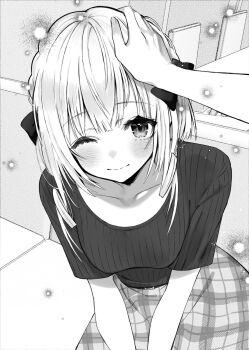 1girl aisaka_matsuri bow breasts closed_mouth collarbone commentary_request couch greyscale hair_bow headpat highres mappaninatta monochrome novel_illustration official_art on_couch one_eye_closed plaid_clothes plaid_skirt ribbed_shirt second-party_source shirt skirt teniireta_saimin_app_de_yume_no_harem_seikatsu_wo_okuritai