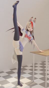 1girl 3d animal_ears closed_eyes collar desk fang feet fox_ears fox_girl fox_tail hand_on_leg highres holding_leg leg_up open_mouth original panties petite sailor_collar sailor_shirt self-upload shirt sigmathefox skirt tail thighhighs underwear white_hair wings