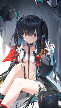 1girl absurdres alternate_breast_size_(smaller) arknights bdsm black_coat black_hair breasts closure_(arknights) coat collar commentary condom condom_packet_strip condom_wrapper drone highres holding holding_condom lambda_(arknights) leash long_hair naked_coat navel open_clothes open_coat partially_undressed pointy_ears red_eyes seele_xixixi sitting slave small_breasts solo thighs twintails