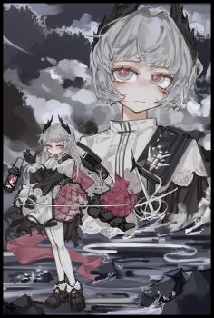 1girl absurdres ammunition_belt arknights black_border black_dress black_gloves border capelet chinese_commentary closed_mouth commentary_request cross_scar dress earrings full_body gloves grey_eyes grey_hair grey_sky head_wings highres holding holding_sword holding_weapon irene_(arknights) jewelry lantern long_hair long_sleeves looking_at_viewer multiple_views ocean outdoors pantyhose scar scar_across_eye scar_on_face sky standing sword taiyang_yu_cha_qaq weapon white_capelet white_pantyhose wings