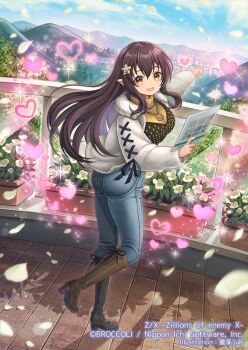 1girl black_hair black_vest boots brown_boots cityscape copyright_notice denim fur-trimmed_jacket fur_trim hair_ornament hasumi_fumi heart holding holding_paper jacket jeans jewelry leaf long_hair long_sleeves looking_at_viewer looking_back mountain necklace official_art open_mouth outdoors pants paper pecteilis petals planter pointing pointy_ears ribbed_sweater rooftop solo sparkle standing standing_on_one_leg sweater turtleneck turtleneck_sweater vest white_jacket yellow_eyes yellow_sweater z/x