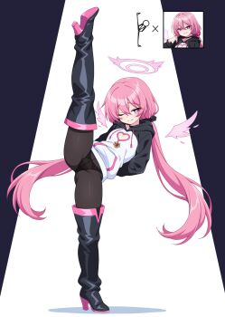 1girl absurdres black_hoodie black_panties black_pantyhose boots breasts cleavage_cutout closed_mouth clothing_cutout commentary_request detached_wings eyebrows_hidden_by_hair flexible hair_between_eyes halo heart_cutout highres hood hoodie kyuutou_(kyuutouryuu) long_hair looking_at_viewer one_eye_closed original panties panties_under_pantyhose pantyhose pink_eyes pink_hair pink_halo shadow small_breasts smile solo split spotlight standing standing_on_one_leg standing_split stick_figure thigh_boots twintails two-tone_hoodie underwear very_long_hair white_hoodie wings