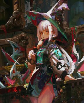 1girl absurdres colorful commentary dark_skin english_commentary hat highres kevin_adi looking_at_viewer low_ponytail original ponytail red_eyes solo standing white_hair wizard_hat