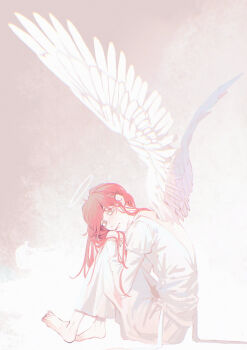 1boy alternate_costume androgynous angel_devil_(chainsaw_man) angel_wings back_cutout chainsaw_man closed_mouth clothing_cutout commentary feathered_wings from_side halo hand_on_own_knee highres knees_up long_hair long_sleeves looking_at_viewer male_focus penguin_jun solo spread_wings white_wings wings