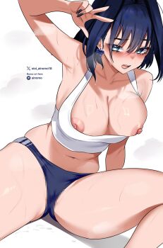 1girl bare_shoulders blue_eyes blue_hair blue_panties blush breasts censored commentary duplicate english_commentary highres hololive hololive_english large_breasts long_hair looking_at_viewer mosaic_censoring navel nipple_slip nipples oioi_ainomo open_mouth ouro_kronii panties solo stomach tank_top thighs underwear virtual_youtuber white_tank_top