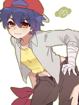 Rule 34 | 1girl, :3, abs, absurdres, arms at sides, backwards hat, bag, bakemonogatari, bandaged arm, bandages, baseball cap, bent over, black panties, breasts, brown eyes, brown pants, closed mouth, collarbone, collared shirt, commentary, cowboy shot, crop top, dress shirt, eyelashes, from side, green outline, hair between eyes, hand on own hip, hat, highres, holding, holding bag, kanbaru suruga, layered shirt, leaning forward, light smile, long sleeves, looking at viewer, looking to the side, medium breasts, midriff, monogatari (series), naughty face, navel, open clothes, open fly, open shirt, outline, panties, pants, purple hair, red bag, red hat, shirt, short hair, simple background, smile, solo, standing, t-shirt, thick eyebrows, tomboy, toned, toned female, torn clothes, torn pants, tsugumi (tgm 615486), underwear, untranslatable commentary, v-shaped eyebrows, very short hair, white background, yellow shirt