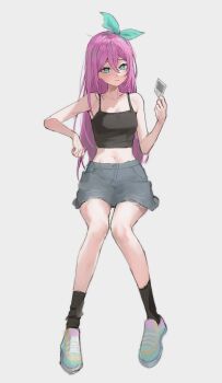 1girl absurdres aubrey_(faraway)_(omori) aubrey_(omori) bare_legs black_socks blue_hairband blue_skirt breasts closed_mouth collarbone crop_top denim denim_skirt double-parted_bangs full_body hair_between_eyes hairband highres holding holding_photo hvh_uu invisible_chair knees_together_feet_apart long_hair navel omori photo_(object) pink_hair shoes simple_background sitting skirt small_breasts sneakers socks solo white_background