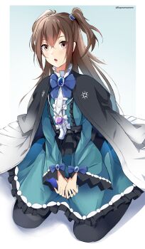 1girl :o aqua_dress artist_name black_dress black_pantyhose blue_background blue_bow blue_bowtie border bow bowtie brown_eyes brown_hair commentary double-parted_bangs dress frilled_dress frills full_body gradient_background gradient_clothes gradient_jacket grey_jacket hair_between_eyes highres jacket kayoupii kazayama_kizuna kneeling long_hair long_sleeves looking_at_viewer messy_hair multicolored_dress neck_tassel open_mouth outside_border own_hands_together pantyhose short_twintails sidelocks solo symbol-only_commentary tassel tate_no_yuusha_no_nariagari turtleneck turtleneck_dress twintails twitter_username white_background white_border white_dress white_jacket wide_sleeves