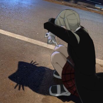 Rule 34 | 1girl, ankle boots, arms up, black boots, black coat, boots, cat shadow puppet (meme), coat, ddy31, gloves, grey hair, maka albarn, medium hair, meme, outdoors, photo-referenced, plaid clothes, plaid skirt, pleated skirt, red skirt, road, shadow, shadow puppet, skirt, sleeve cuffs, solo, soul eater, squatting, twintails, white gloves