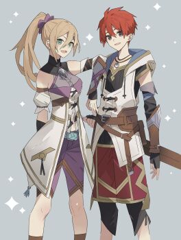 Rule 34 | 1boy, 1girl, absurdres, adol christin, blonde hair, breasts, detached sleeves, double-parted bangs, elbow gloves, fingerless gloves, george man, gloves, grey background, hair between eyes, highres, hood, hoodie, jewelry, karja balta, long hair, looking at viewer, medium breasts, open mouth, pendant, ponytail, red hair, short hair, simple background, smile, standing, sword, weapon, ys, ys x: nordics