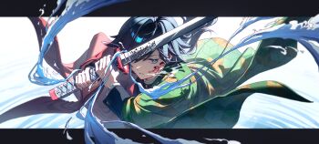 1boy black_hair blue_eyes commentary_request enoharatoki hair_over_one_eye haori highres holding holding_sword holding_weapon japanese_clothes katana kimetsu_no_yaiba letterboxed long_hair looking_to_the_side male_focus ponytail print_haori red_haori solo sword tomioka_giyuu weapon