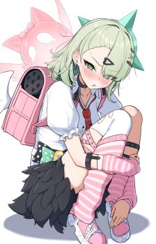 Rule 34 | 1girl, absurdres, arm warmers, backpack, bag, bandaid, bandaid hair ornament, black skirt, blush, collar, collarbone, commentary request, earrings, frilled sleeves, frills, fur-trimmed skirt, fur trim, green eyes, green hair, green nails, hair ornament, heart, heart hair ornament, highres, hugging own legs, icetea art, jewelry, leg warmers, looking at viewer, multiple hair clips, musical note earrings, necktie, open mouth, pink arm warmers, pink bag, pink leg warmers, pink shoes, red necktie, shadow, shirt, shoes, simple background, skirt, solo, squatting, striped arm warmers, striped leg warmers, sunna (zenless zone zero), sweat, white background, white shirt, white wings, winged bag, wings, zenless zone zero