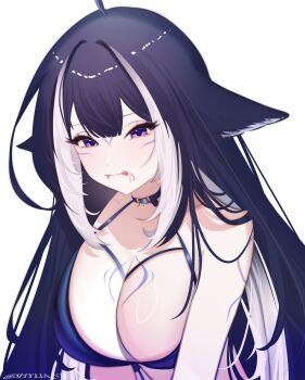 1girl absurdres black_hair body_markings breasts cleavage eyelashes facial_mark highres indie_virtual_youtuber large_breasts long_hair mouth_hold purple_eyes shrimp shylia shylily shylily_(bikini) twitter_username upper_body virtual_youtuber white_hair