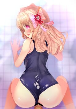 1boy 1girl absurdres anus ass back blonde_hair blush censored chaos_marie_(grimms_notes) cum doggystyle grimms_notes heart heart-shaped_pupils hetero highres long_hair looking_at_viewer maruha_runa old_school_swimsuit penis pink_eyes pov school_swimsuit sex sex_from_behind solo_focus swimsuit symbol-shaped_pupils vaginal