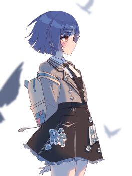 Rule 34 | 1girl, absurdres, arms behind back, backpack, bag, bird, black necktie, black skirt, blazer, blue hair, highres, idolmaster, idolmaster shiny colors, jacket, jtangc, morino rinze, multiple hair clips, necktie, print skirt, red eyes, short hair, skirt, smile, solo, white background