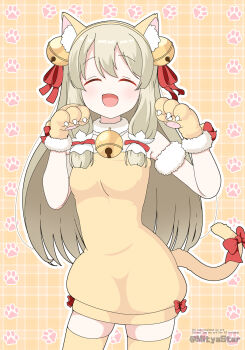 1girl ^_^ animal_ears animal_hands bell bow breasts cat_ears cat_tail closed_eyes commentary_request dress facing_viewer fake_animal_ears gloves highres kokudo_aya long_hair mitya paw_gloves small_breasts smile solo tail tail_bow tail_ornament thighhighs yuuki_yuuna_wa_yuusha_de_aru yuusha_de_aru