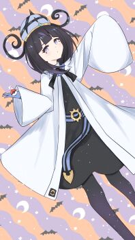 1girl akasaka_tomoe bat_(animal) belt belt_buckle black_dress black_hair black_pantyhose bob_cut buckle closed_mouth coat crescent_moon dress gradient_hair gwynn_(pokemon) hat highres holding holding_poke_ball long_sleeves looking_at_viewer moon multicolored_hair nintendo o-ring o-ring_belt open_clothes open_coat pantyhose poke_ball poke_ball_(basic) pokemon pokemon_legends:_z-a purple_eyes purple_hair short_hair single_sleeve_past_fingers star_(symbol) white_coat wide_sleeves