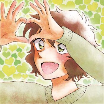 Rule 34 | 1girl, :d, black hair, commentary request, fang, green sweater, green theme, heart, heart background, heart hands, highres, long sleeves, looking at hands, looking up, meitantei conan, open mouth, ponblue, portrait, sera masumi, short hair, smile, solo, sweater