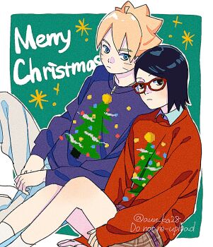 1boy 1girl black_eyes black_hair blonde_hair blue_eyes blue_sweater boruto:_naruto_next_generations commentary facial_mark film_grain glasses grey_pants highres jewelry light_frown merry_christmas naruto_(series) necklace onka_(aun_ka28) pants plaid_clothes red-framed_eyewear red_sweater short_hair sleeves_past_wrists socks sweater swept_bangs symbol-only_commentary twitter_username uchiha_sarada uzumaki_boruto whisker_markings white_socks